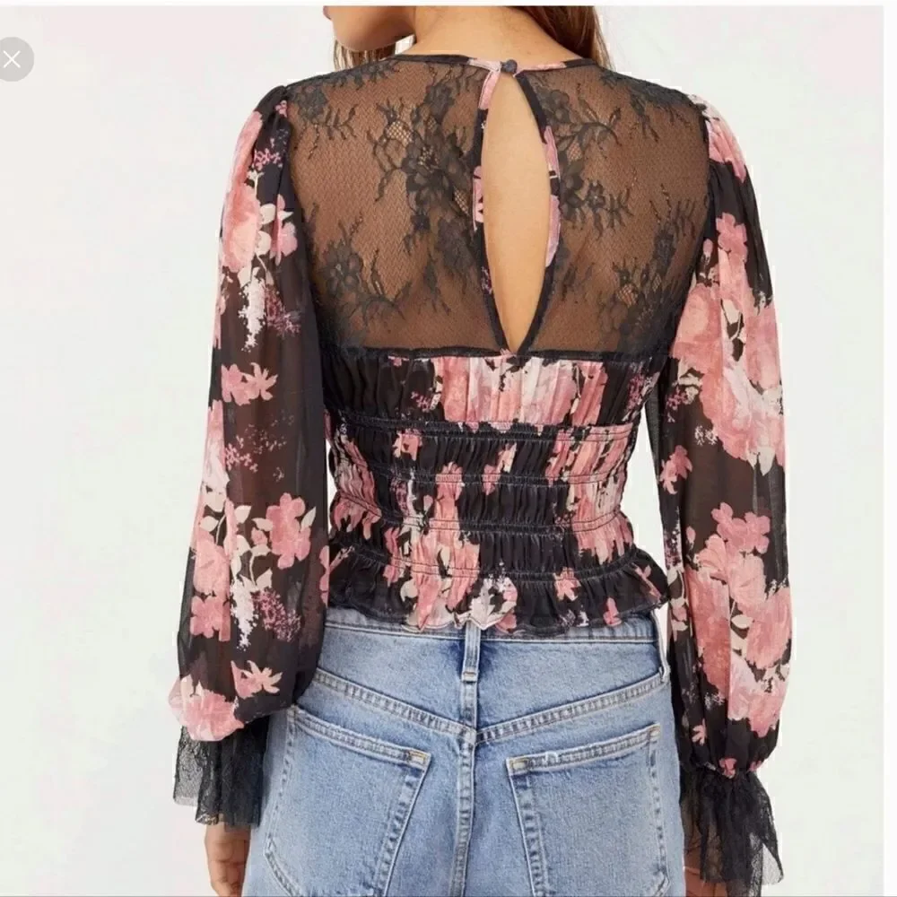 Free People Daphne Blouse Midnight Combo Small Black and Pink Floral